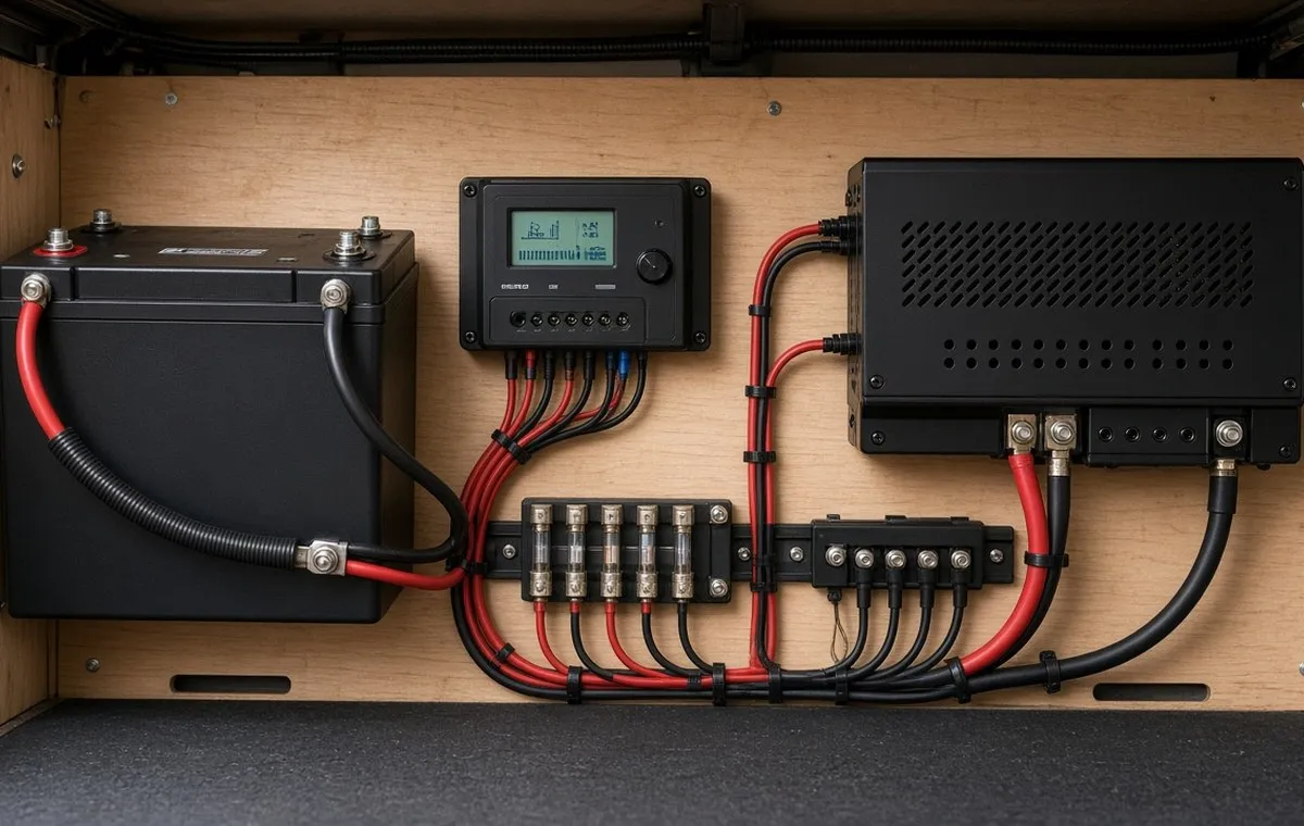 12V solarni sistem sa akumulatorom solarnim, MPPT regulatorom i invertorom u kamperu