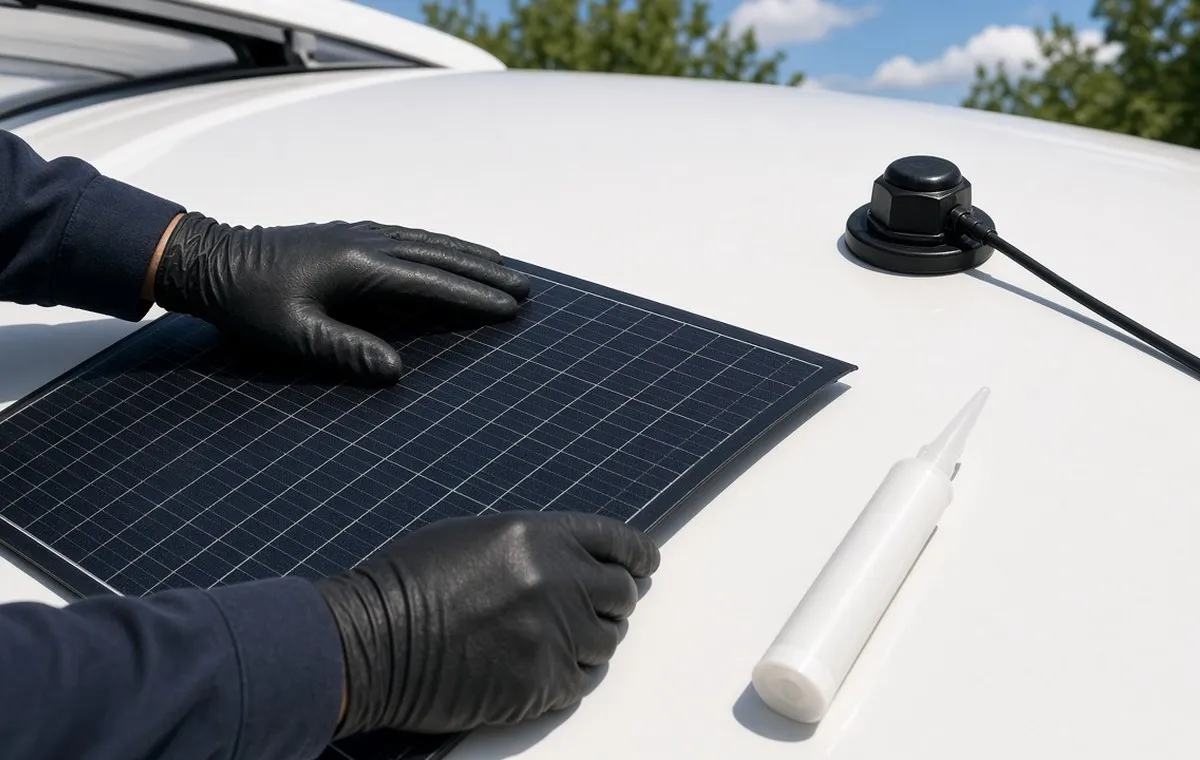Montaža fleksibilnog solarnog panela lepljenjem na krov kampera