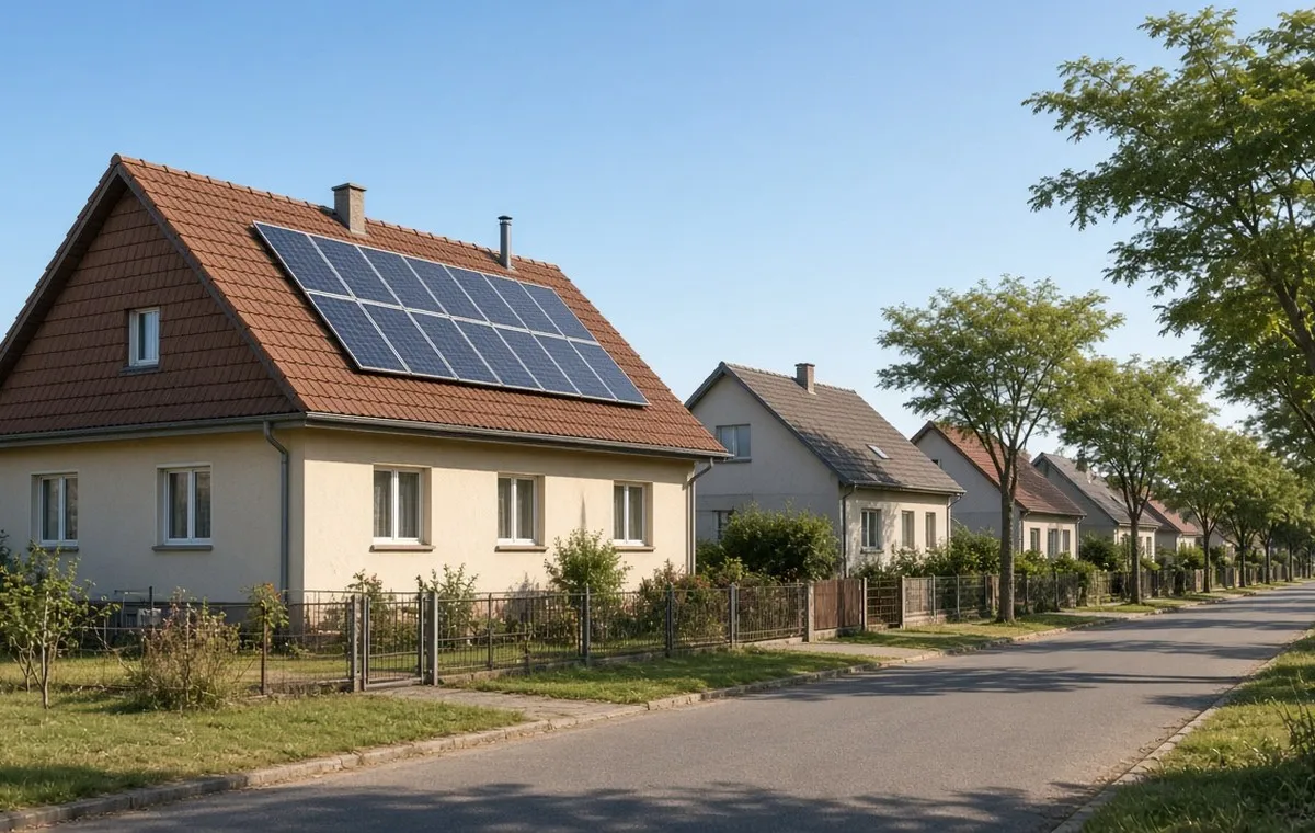 Porodična kuća u Subotici sa solarnim panelima na crepnom krovu, dvorište i ravničarski pejzaž.