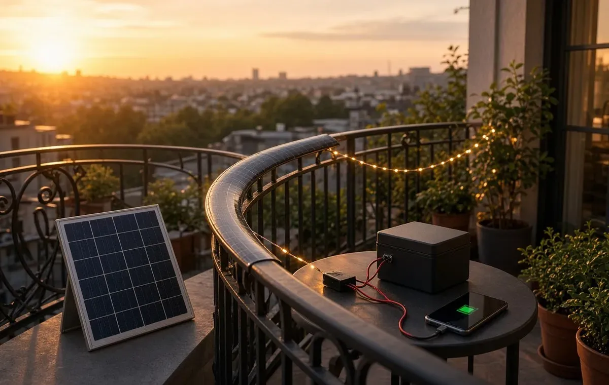 Mini solarni panel od 100W, fleksibilni solarni panel na ogradi i 12V solarni akumulator na terasi