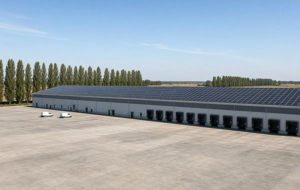 Logistička hala sa krovom pokrivenim solarnim panelima u ravničarskom okruženju kod Novog Sada.
