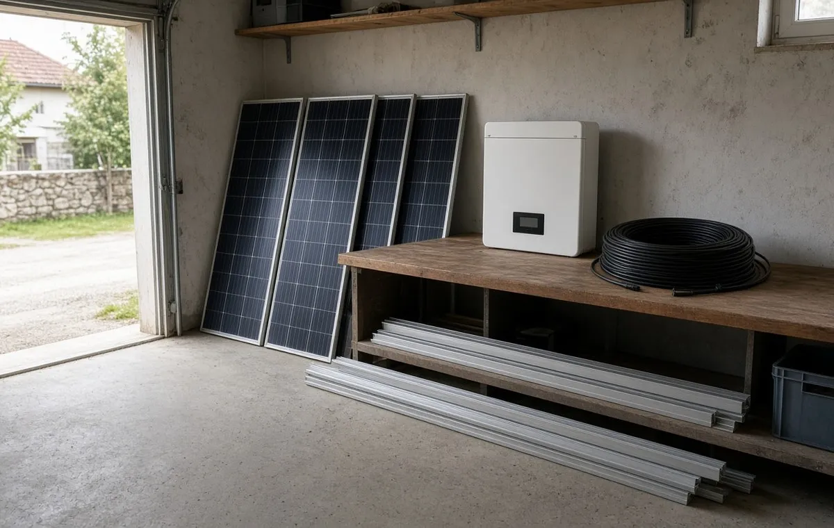 Solarni paneli, inverter, nosači i kabl spremni za ugradnju u garaži kuće.