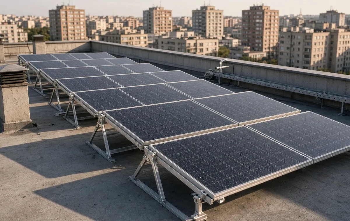 Solarni paneli na metalnim nosačima na ravnom krovu stambene zgrade, sa ventilacionim otvorima i okolnim zgradama.