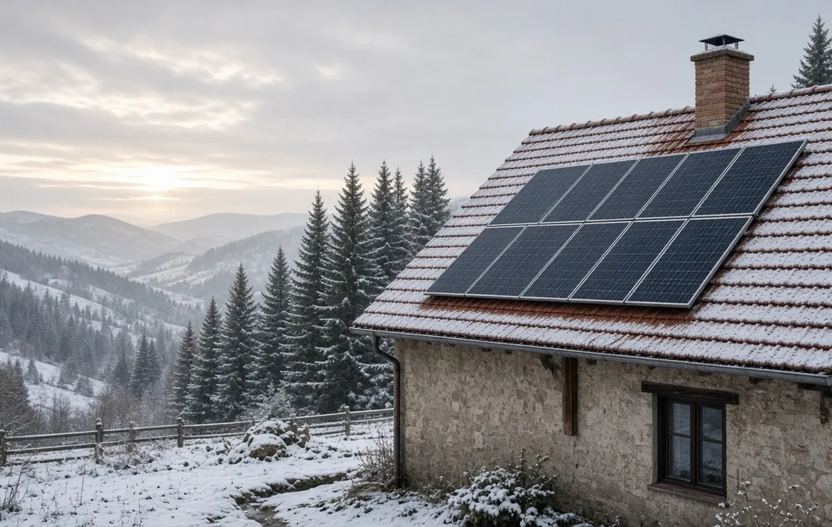 Solarni paneli na crepnom krovu planinske kuće zimi, sneg i nisko sunce nad šumovitim brdima.