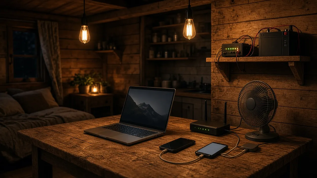 Uređaji koje napaja 100W solarni panel: LED rasveta, laptop, ruter i ventilator