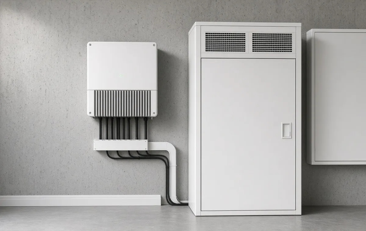 Inverter, baterijski ormar i razvodni ormar u tehničkoj prostoriji stambene zgrade.